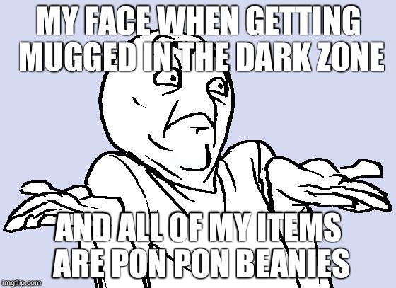 Shrug Cartoon | MY FACE WHEN GETTING MUGGED IN THE DARK ZONE; AND ALL OF MY ITEMS ARE PON PON BEANIES | image tagged in shrug cartoon | made w/ Imgflip meme maker