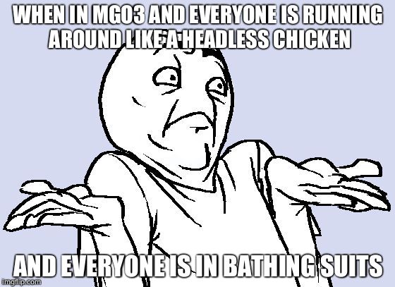 Shrug Cartoon | WHEN IN MGO3 AND EVERYONE IS RUNNING AROUND LIKE A HEADLESS CHICKEN; AND EVERYONE IS IN BATHING SUITS | image tagged in shrug cartoon | made w/ Imgflip meme maker