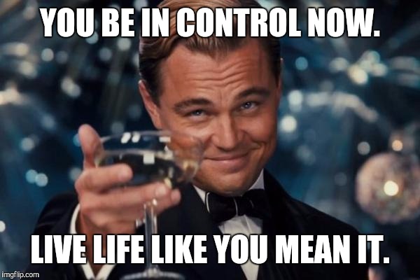 Leonardo Dicaprio Cheers Meme | YOU BE IN CONTROL NOW. LIVE LIFE LIKE YOU MEAN IT. | image tagged in memes,leonardo dicaprio cheers | made w/ Imgflip meme maker