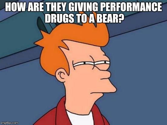 Futurama Fry Meme | HOW ARE THEY GIVING PERFORMANCE DRUGS TO A BEAR? | image tagged in memes,futurama fry | made w/ Imgflip meme maker