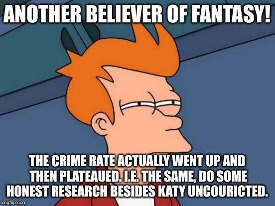 Futurama Fry Meme | ANOTHER BELIEVER OF FANTASY! THE CRIME RATE ACTUALLY WENT UP AND THEN PLATEAUED. I.E. THE SAME, DO SOME HONEST RESEARCH BESIDES KATY UNCOURI | image tagged in memes,futurama fry | made w/ Imgflip meme maker