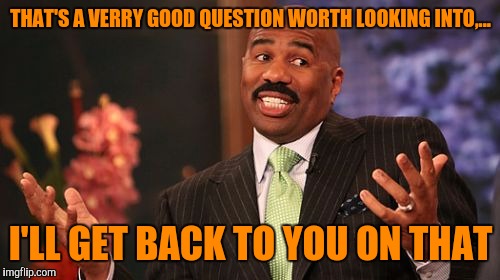 Steve Harvey Meme | THAT'S A VERRY GOOD QUESTION WORTH LOOKING INTO,... I'LL GET BACK TO YOU ON THAT | image tagged in memes,steve harvey | made w/ Imgflip meme maker