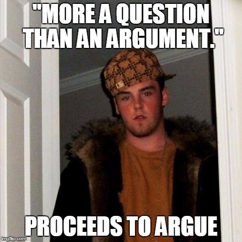 Scumbag Steve Meme | "MORE A QUESTION THAN AN ARGUMENT."; PROCEEDS TO ARGUE | image tagged in memes,scumbag steve | made w/ Imgflip meme maker