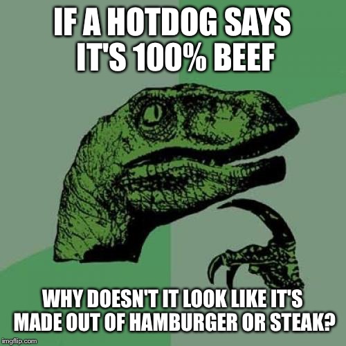 The just look like darker hotdogs to me | IF A HOTDOG SAYS IT'S 100% BEEF; WHY DOESN'T IT LOOK LIKE IT'S MADE OUT OF HAMBURGER OR STEAK? | image tagged in memes,philosoraptor,hotdog,beef,lol | made w/ Imgflip meme maker