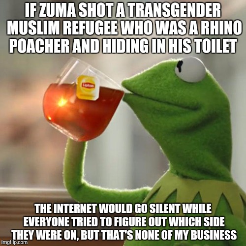 But That's None Of My Business | IF ZUMA SHOT A TRANSGENDER MUSLIM REFUGEE WHO WAS A RHINO POACHER AND HIDING IN HIS TOILET; THE INTERNET WOULD GO SILENT WHILE EVERYONE TRIED TO FIGURE OUT WHICH SIDE THEY WERE ON, BUT THAT'S NONE OF MY BUSINESS | image tagged in memes,but thats none of my business,kermit the frog | made w/ Imgflip meme maker
