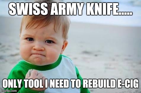 Fist pump baby | SWISS ARMY KNIFE..... ONLY TOOL I NEED TO REBUILD E-CIG | image tagged in fist pump baby | made w/ Imgflip meme maker