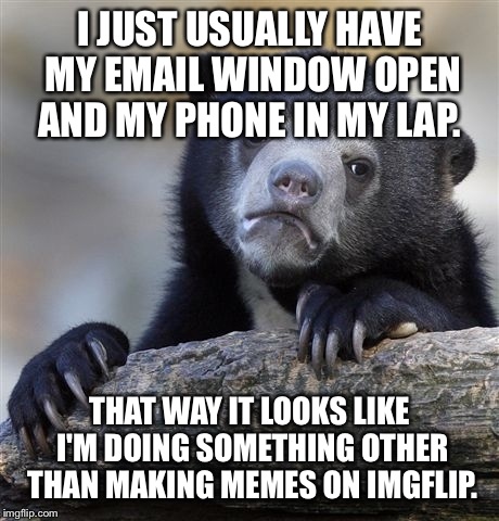 Confession Bear Meme | I JUST USUALLY HAVE MY EMAIL WINDOW OPEN AND MY PHONE IN MY LAP. THAT WAY IT LOOKS LIKE I'M DOING SOMETHING OTHER THAN MAKING MEMES ON IMGFL | image tagged in memes,confession bear | made w/ Imgflip meme maker