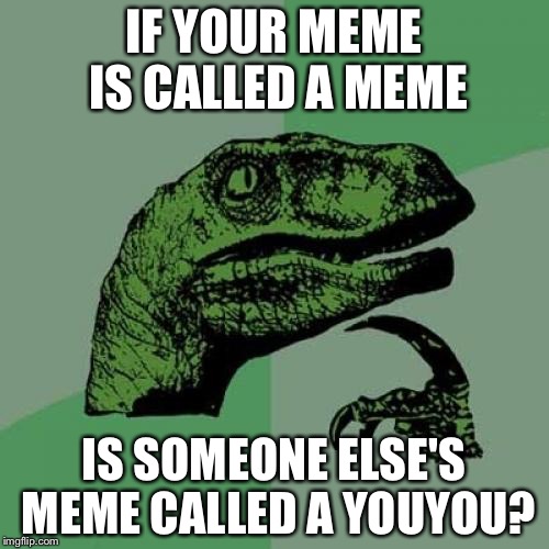 Only logic (hope this isn't a repost) | IF YOUR MEME IS CALLED A MEME; IS SOMEONE ELSE'S MEME CALLED A YOUYOU? | image tagged in memes,philosoraptor | made w/ Imgflip meme maker