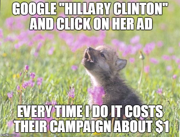 Baby Insanity Wolf Meme | GOOGLE "HILLARY CLINTON" AND CLICK ON HER AD; EVERY TIME I DO IT COSTS THEIR CAMPAIGN ABOUT $1 | image tagged in memes,baby insanity wolf,AdviceAnimals | made w/ Imgflip meme maker