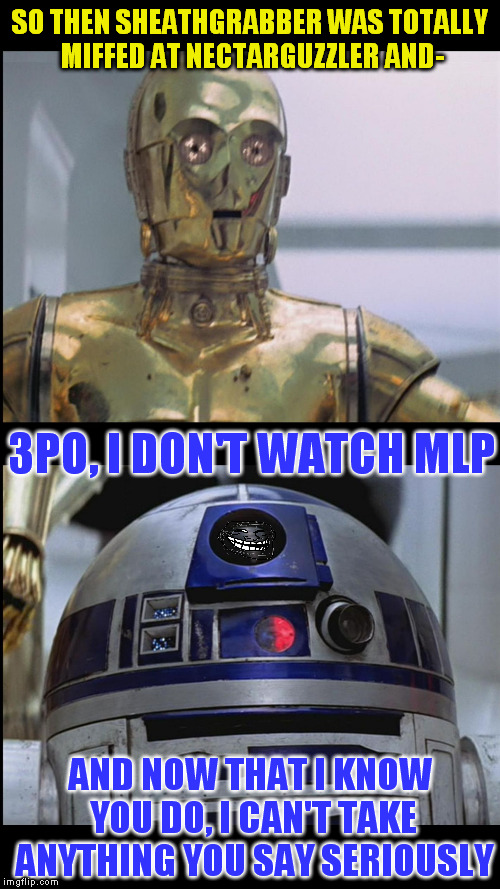 I'm all for hobbies and interests, but bronies are still...odd to me | SO THEN SHEATHGRABBER WAS TOTALLY MIFFED AT NECTARGUZZLER AND-; 3PO, I DON'T WATCH MLP; AND NOW THAT I KNOW YOU DO, I CAN'T TAKE ANYTHING YOU SAY SERIOUSLY | image tagged in star wars c3po this is madness r2d2 madness this is star war,memes,mlp,bronies | made w/ Imgflip meme maker