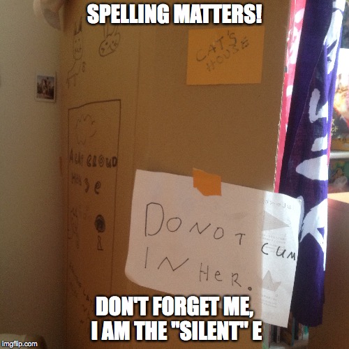 The "silent" e | SPELLING MATTERS! DON'T FORGET ME, I AM THE "SILENT" E | image tagged in english,writing,spelling,humor,hideout | made w/ Imgflip meme maker