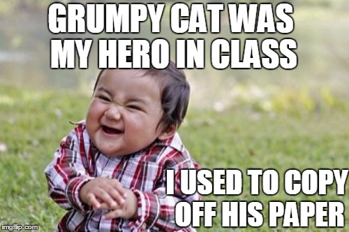 Evil Toddler Meme | GRUMPY CAT WAS MY HERO IN CLASS I USED TO COPY OFF HIS PAPER | image tagged in memes,evil toddler | made w/ Imgflip meme maker