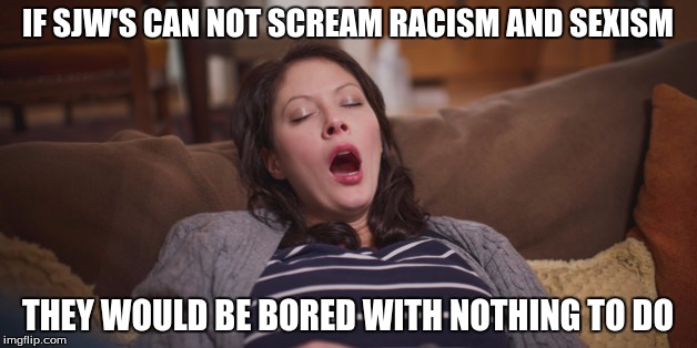 IF SJW'S CAN NOT SCREAM RACISM AND SEXISM; THEY WOULD BE BORED WITH NOTHING TO DO | image tagged in sjw | made w/ Imgflip meme maker