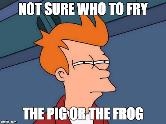 Futurama Fry Meme | NOT SURE WHO TO FRY THE PIG OR THE FROG | image tagged in memes,futurama fry | made w/ Imgflip meme maker