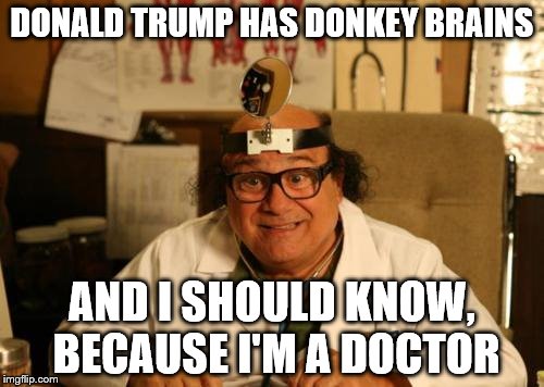 Dr. Mantis Toboggan M.D. | DONALD TRUMP HAS DONKEY BRAINS; AND I SHOULD KNOW, BECAUSE I'M A DOCTOR | image tagged in dr mantis toboggan md,danny devito,it's always sunny in philidelphia,political meme,memes | made w/ Imgflip meme maker