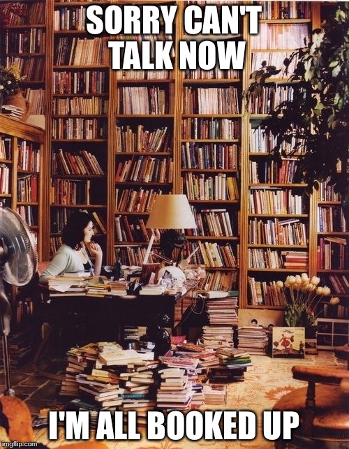 books in home | SORRY CAN'T TALK NOW; I'M ALL BOOKED UP | image tagged in books in home | made w/ Imgflip meme maker