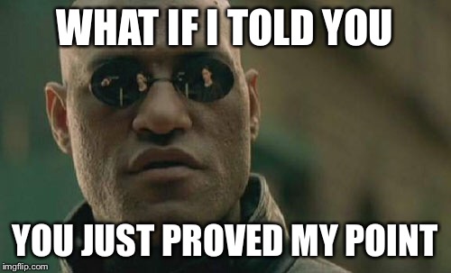 WHAT IF I TOLD YOU YOU JUST PROVED MY POINT | image tagged in memes,matrix morpheus | made w/ Imgflip meme maker