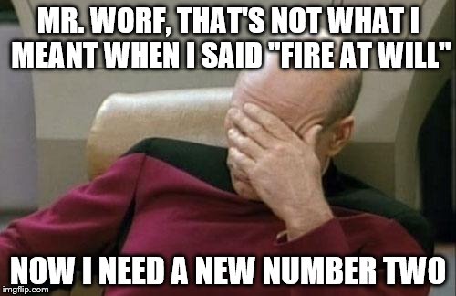 Captain Picard Facepalm | MR. WORF, THAT'S NOT WHAT I MEANT WHEN I SAID "FIRE AT WILL"; NOW I NEED A NEW NUMBER TWO | image tagged in memes,captain picard facepalm | made w/ Imgflip meme maker