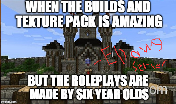 Bad roleplay servers like EDawg.... | WHEN THE BUILDS AND TEXTURE PACK IS AMAZING; BUT THE ROLEPLAYS ARE MADE BY SIX YEAR OLDS | image tagged in irony | made w/ Imgflip meme maker