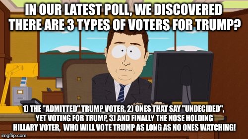 Going Down Hillary! | IN OUR LATEST POLL, WE DISCOVERED THERE ARE 3 TYPES OF VOTERS FOR TRUMP? 1) THE "ADMITTED" TRUMP VOTER, 2) ONES THAT SAY "UNDECIDED", YET VOTING FOR TRUMP, 3) AND FINALLY THE NOSE HOLDING HILLARY VOTER,  WHO WILL VOTE TRUMP AS LONG AS NO ONES WATCHING! | image tagged in memes,aaaaand its gone | made w/ Imgflip meme maker