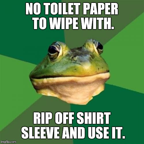 Foul Bachelor Frog | NO TOILET PAPER TO WIPE WITH. RIP OFF SHIRT SLEEVE AND USE IT. | image tagged in memes,foul bachelor frog | made w/ Imgflip meme maker