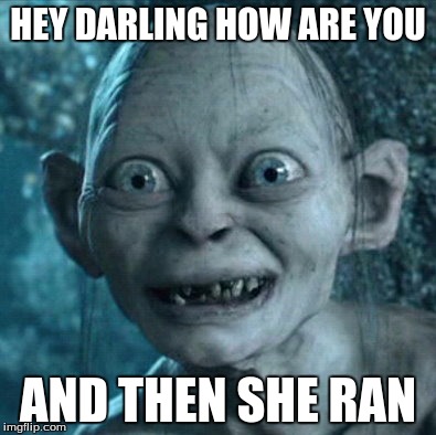 Gollum | HEY DARLING HOW ARE YOU; AND THEN SHE RAN | image tagged in memes,gollum | made w/ Imgflip meme maker