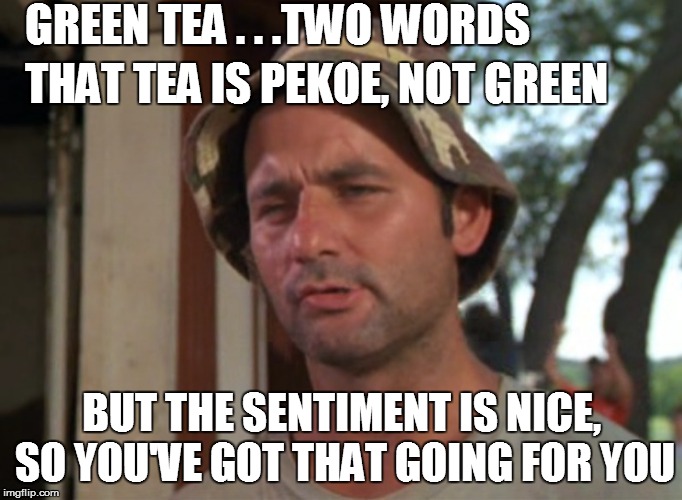 GREEN TEA . . .TWO WORDS BUT THE SENTIMENT IS NICE, SO YOU'VE GOT THAT GOING FOR YOU THAT TEA IS PEKOE, NOT GREEN | made w/ Imgflip meme maker