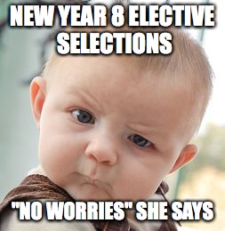 Skeptical Baby Meme | NEW YEAR 8 ELECTIVE SELECTIONS; "NO WORRIES" SHE SAYS | image tagged in memes,skeptical baby | made w/ Imgflip meme maker