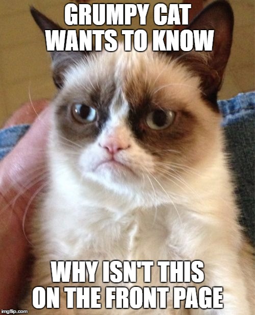 Grumpy Cat | GRUMPY CAT WANTS TO KNOW; WHY ISN'T THIS ON THE FRONT PAGE | image tagged in memes,grumpy cat | made w/ Imgflip meme maker