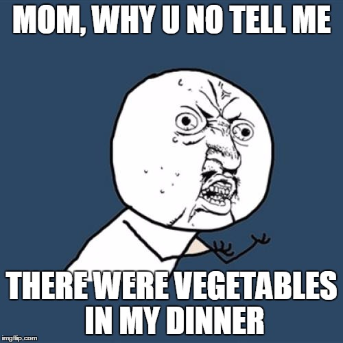 Y U No Meme | MOM, WHY U NO TELL ME; THERE WERE VEGETABLES IN MY DINNER | image tagged in memes,y u no,vegetables | made w/ Imgflip meme maker