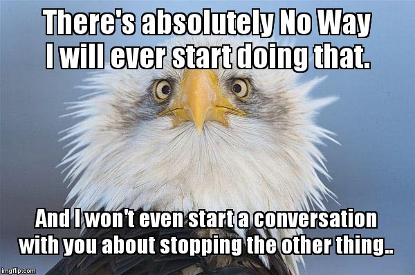 Real Eagle | There's absolutely No Way I will ever start doing that. And I won't even start a conversation with you about stopping the other thing.. | image tagged in real eagle | made w/ Imgflip meme maker