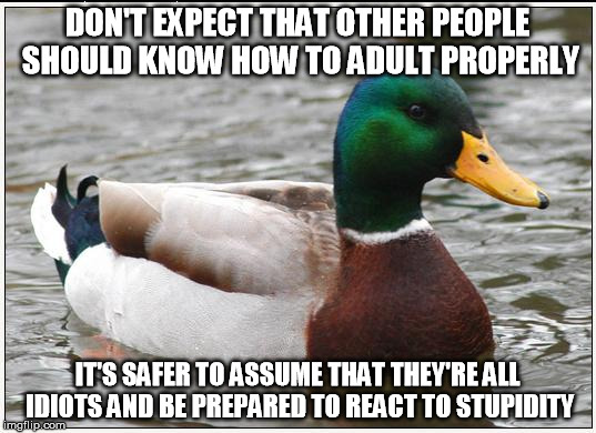 Actual Advice Mallard | DON'T EXPECT THAT OTHER PEOPLE SHOULD KNOW HOW TO ADULT PROPERLY; IT'S SAFER TO ASSUME THAT THEY'RE ALL IDIOTS AND BE PREPARED TO REACT TO STUPIDITY | image tagged in memes,actual advice mallard | made w/ Imgflip meme maker