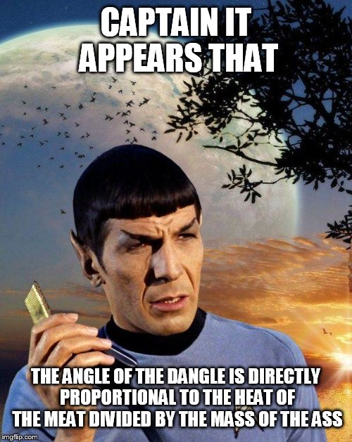 spock phone | CAPTAIN IT APPEARS THAT; THE ANGLE OF THE DANGLE IS DIRECTLY PROPORTIONAL TO THE HEAT OF THE MEAT DIVIDED BY THE MASS OF THE ASS | image tagged in spock phone | made w/ Imgflip meme maker