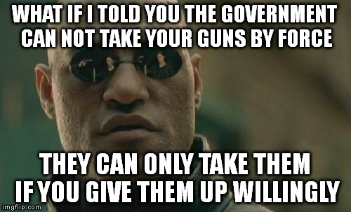 Matrix Morpheus | WHAT IF I TOLD YOU THE GOVERNMENT CAN NOT TAKE YOUR GUNS BY FORCE; THEY CAN ONLY TAKE THEM IF YOU GIVE THEM UP WILLINGLY | image tagged in memes,matrix morpheus | made w/ Imgflip meme maker