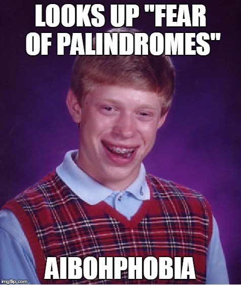 Bad Luck Brian Meme | LOOKS UP "FEAR OF PALINDROMES"; AIBOHPHOBIA | image tagged in memes,bad luck brian,AdviceAnimals | made w/ Imgflip meme maker