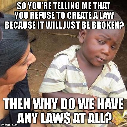 Third World Skeptical Kid | SO YOU'RE TELLING ME THAT YOU REFUSE TO CREATE A LAW BECAUSE IT WILL JUST BE BROKEN? THEN WHY DO WE HAVE ANY LAWS AT ALL? | image tagged in memes,third world skeptical kid | made w/ Imgflip meme maker