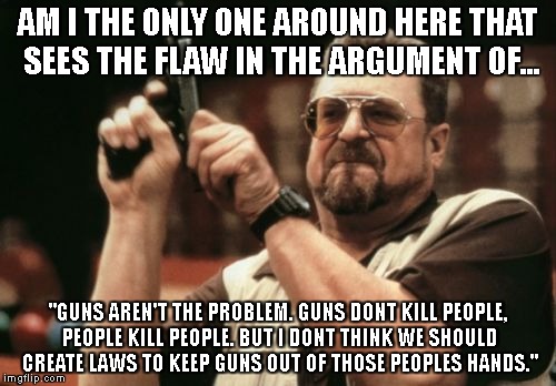 Am I The Only One Around Here Meme | AM I THE ONLY ONE AROUND HERE THAT SEES THE FLAW IN THE ARGUMENT OF... "GUNS AREN'T THE PROBLEM. GUNS DONT KILL PEOPLE, PEOPLE KILL PEOPLE. BUT I DONT THINK WE SHOULD CREATE LAWS TO KEEP GUNS OUT OF THOSE PEOPLES HANDS." | image tagged in memes,am i the only one around here | made w/ Imgflip meme maker