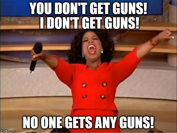 Oprah You Get A | YOU DON'T GET GUNS! I DON'T GET GUNS! NO ONE GETS ANY GUNS! | image tagged in memes,oprah you get a | made w/ Imgflip meme maker