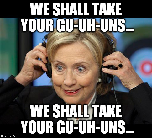 Hillary doofus look | WE SHALL TAKE YOUR GU-UH-UNS... WE SHALL TAKE YOUR GU-UH-UNS... | image tagged in hillary doofus look | made w/ Imgflip meme maker