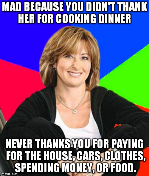 Sheltering Suburban Mom | MAD BECAUSE YOU DIDN'T THANK HER FOR COOKING DINNER; NEVER THANKS YOU FOR PAYING FOR THE HOUSE, CARS, CLOTHES, SPENDING MONEY, OR FOOD. | image tagged in memes,sheltering suburban mom | made w/ Imgflip meme maker