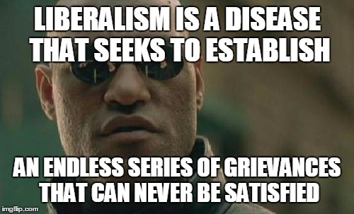 Matrix Morpheus | LIBERALISM IS A DISEASE THAT SEEKS TO ESTABLISH; AN ENDLESS SERIES OF GRIEVANCES THAT CAN NEVER BE SATISFIED | image tagged in memes,matrix morpheus | made w/ Imgflip meme maker
