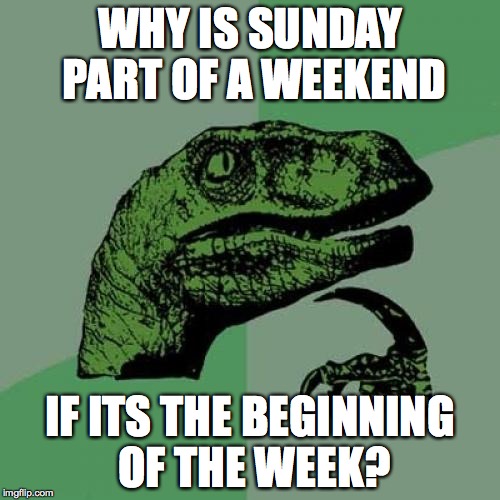 Philosoraptor Meme | WHY IS SUNDAY PART OF A WEEKEND; IF ITS THE BEGINNING OF THE WEEK? | image tagged in memes,philosoraptor | made w/ Imgflip meme maker