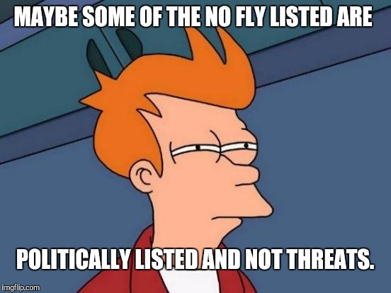 Futurama Fry Meme | MAYBE SOME OF THE NO FLY LISTED ARE POLITICALLY LISTED AND NOT THREATS. | image tagged in memes,futurama fry | made w/ Imgflip meme maker