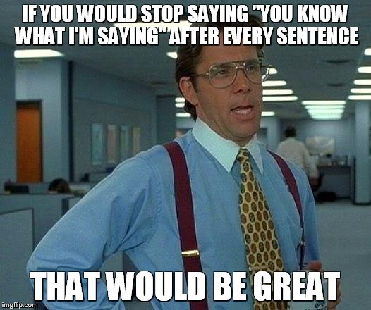 That Would Be Great Meme | IF YOU WOULD STOP SAYING "YOU KNOW WHAT I'M SAYING" AFTER EVERY SENTENCE; THAT WOULD BE GREAT | image tagged in memes,that would be great | made w/ Imgflip meme maker