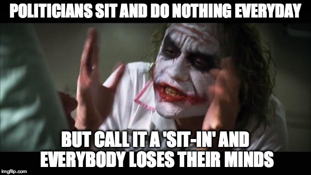 Since when do politicians do anything but sit? | POLITICIANS SIT AND DO NOTHING EVERYDAY; BUT CALL IT A 'SIT-IN' AND EVERYBODY LOSES THEIR MINDS | image tagged in and everybody loses their minds,cogress,sit it,gun control,democrats,politics | made w/ Imgflip meme maker