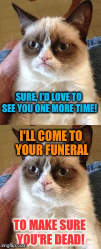 Grumpy Dating | SURE, I'D LOVE TO SEE YOU ONE MORE TIME! I'LL COME TO YOUR FUNERAL; TO MAKE SURE YOU'RE DEAD! | image tagged in memes,grumpy cat,grumpy cat smile | made w/ Imgflip meme maker
