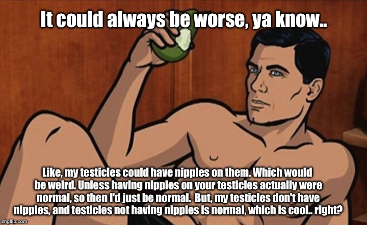 Random Thought | It could always be worse, ya know.. Like, my testicles could have nipples on them. Which would be weird. Unless having nipples on your testicles actually were normal, so then I'd just be normal.  But, my testicles don't have nipples, and testicles not having nipples is normal, which is cool.. right? | image tagged in archer,memes,funny,iamjacksrabbit | made w/ Imgflip meme maker