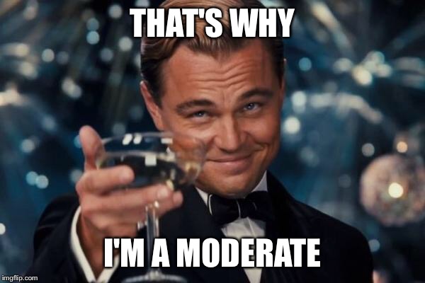 Leonardo Dicaprio Cheers Meme | THAT'S WHY I'M A MODERATE | image tagged in memes,leonardo dicaprio cheers | made w/ Imgflip meme maker