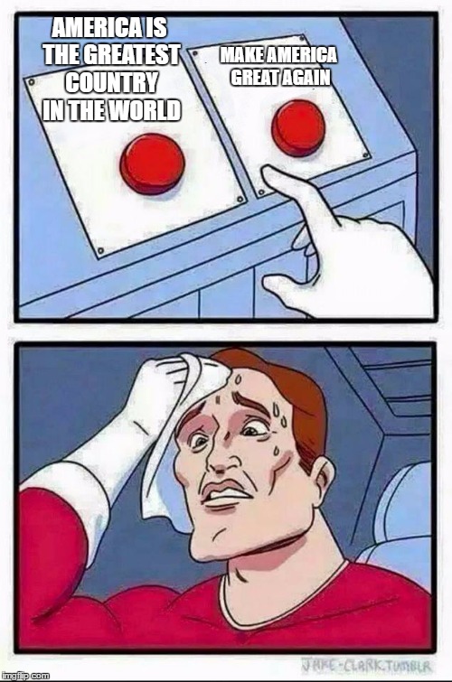 Two Buttons Meme | AMERICA IS THE GREATEST COUNTRY IN THE WORLD; MAKE AMERICA GREAT AGAIN | image tagged in hard choice to make,EnoughTrumpSpam | made w/ Imgflip meme maker