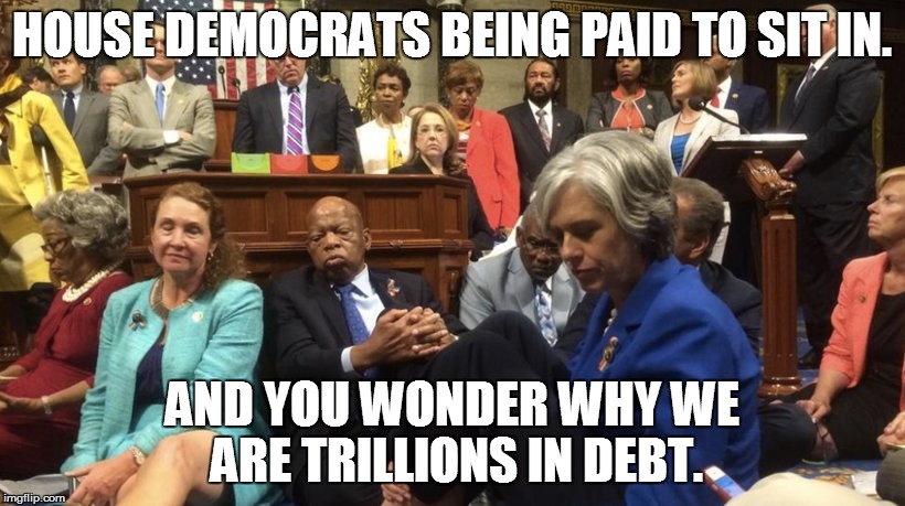 democrats | HOUSE DEMOCRATS BEING PAID TO SIT IN. AND YOU WONDER WHY WE ARE TRILLIONS IN DEBT. | image tagged in gun control | made w/ Imgflip meme maker
